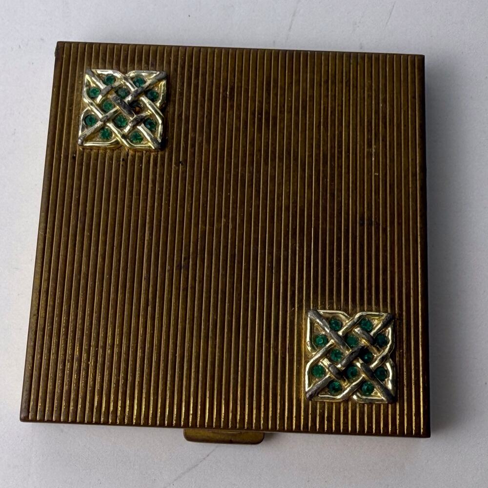 Vintage VOLUPTE Ladies Powder Compact w green Rhinestones Gold Tone